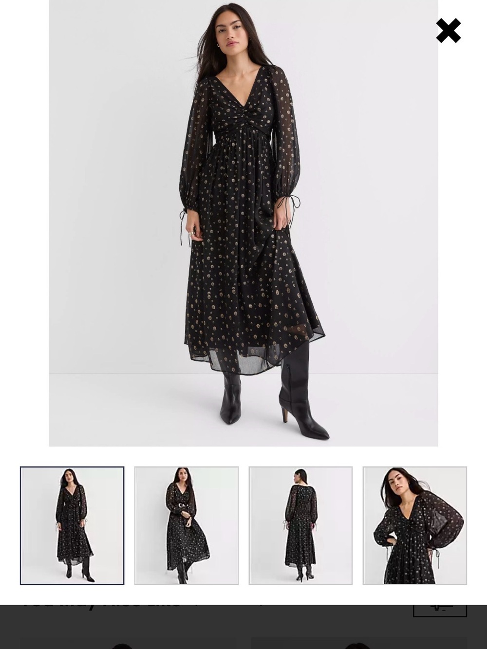 LOFT Shimmer Geo Ruched Black Maxi Dress with Metallic Dot Print